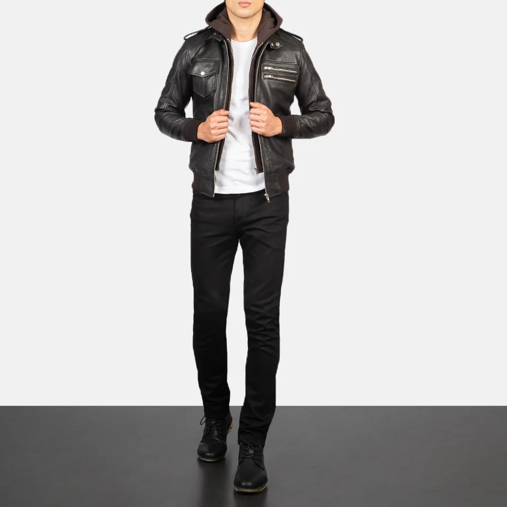 Bravado Brown Hooded Leather Bomber Jacket - Image 3