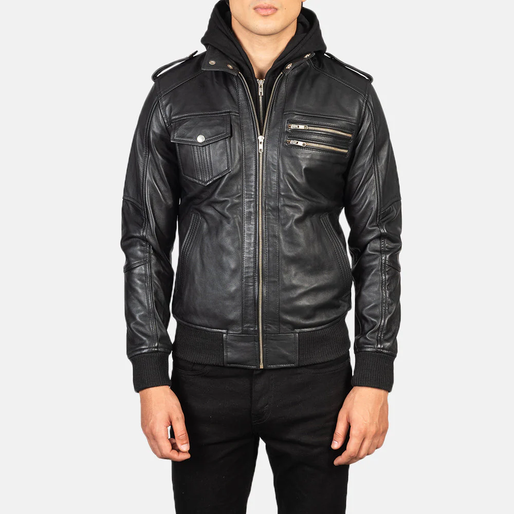 Bravado Black Hooded Leather Bomber Jacket - Image 6