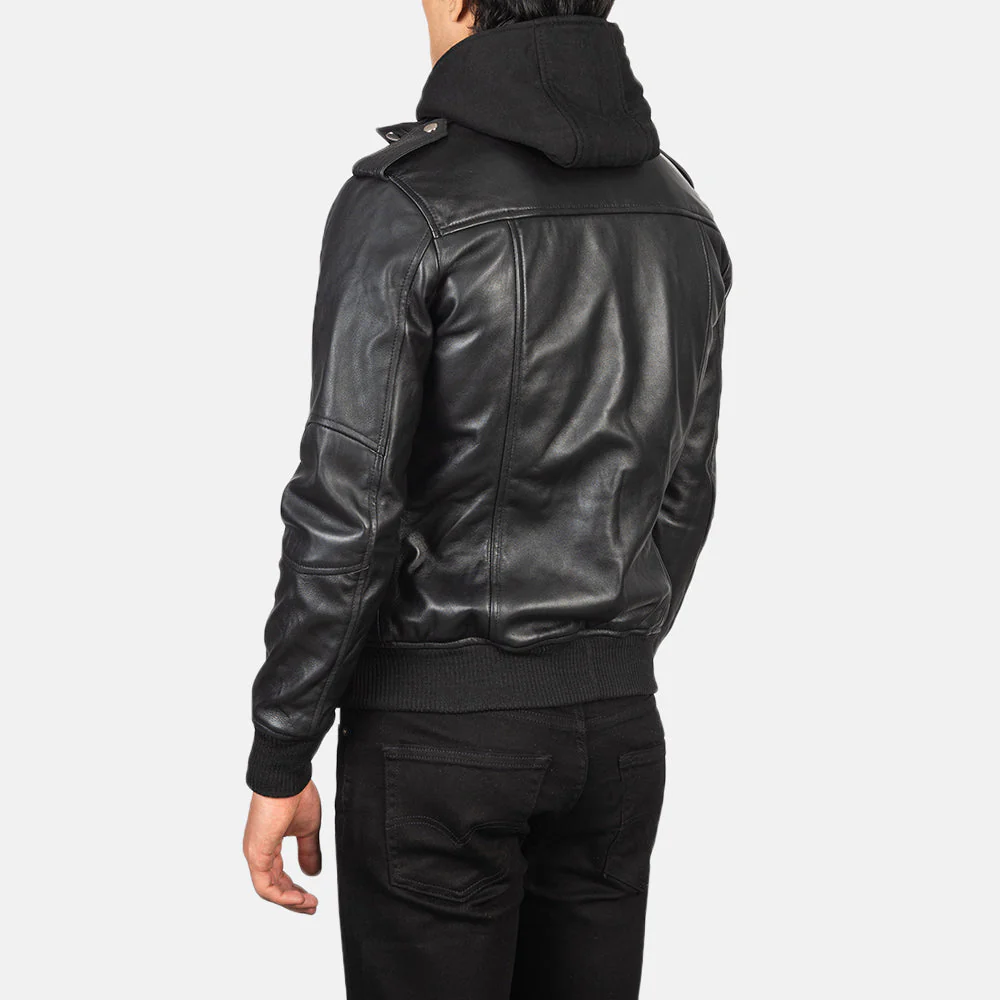 Bravado Black Hooded Leather Bomber Jacket - Image 4