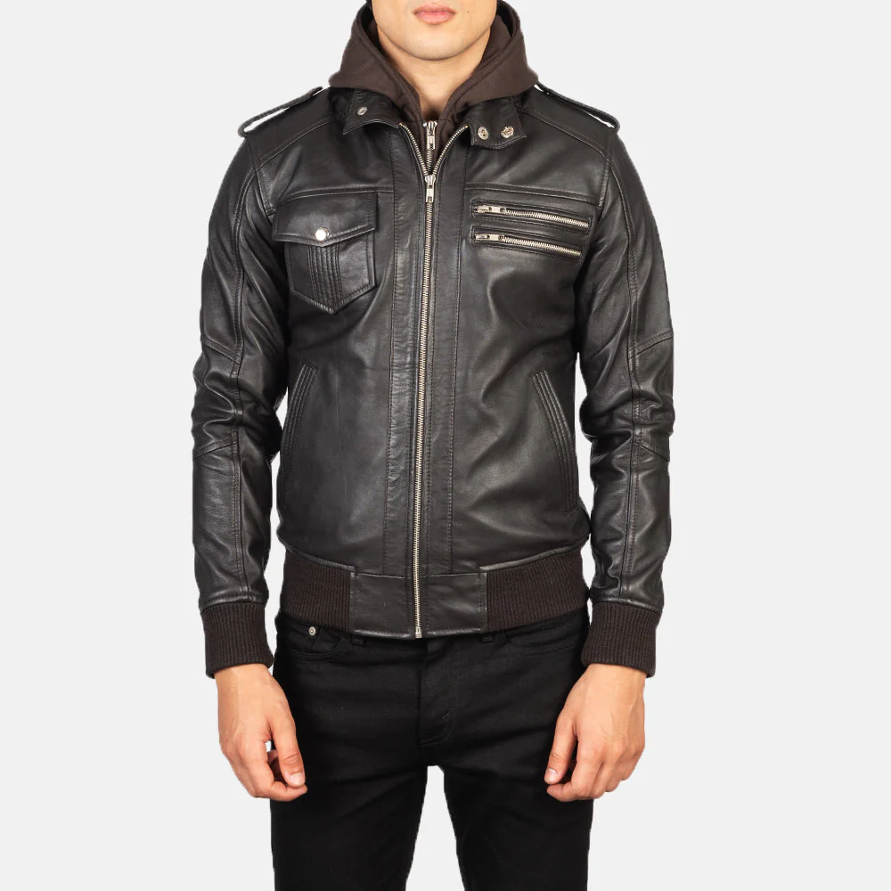 Bravado Brown Hooded Leather Bomber Jacket - Image 4