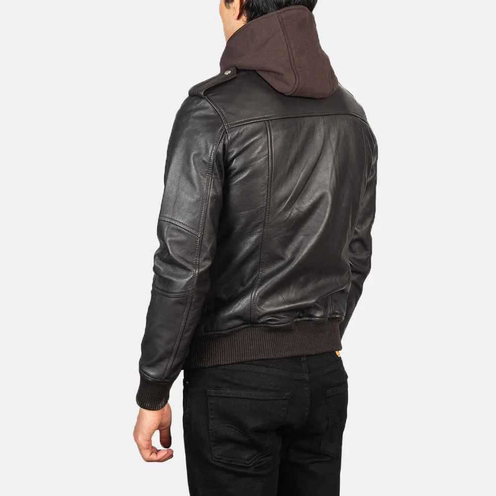 Bravado Brown Hooded Leather Bomber Jacket - Image 5