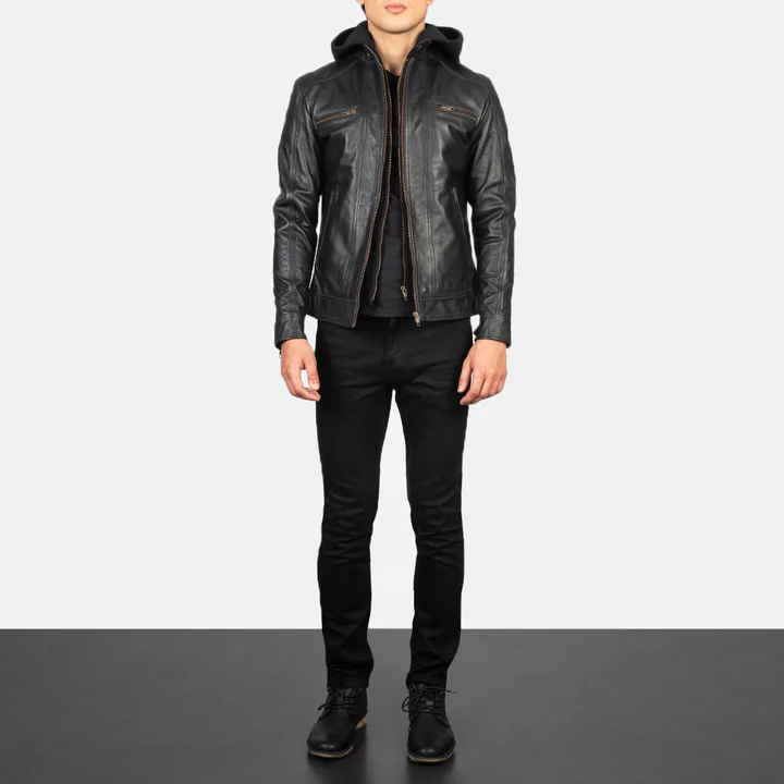 Hector Black Hooded Leather Biker Jacket - Image 3