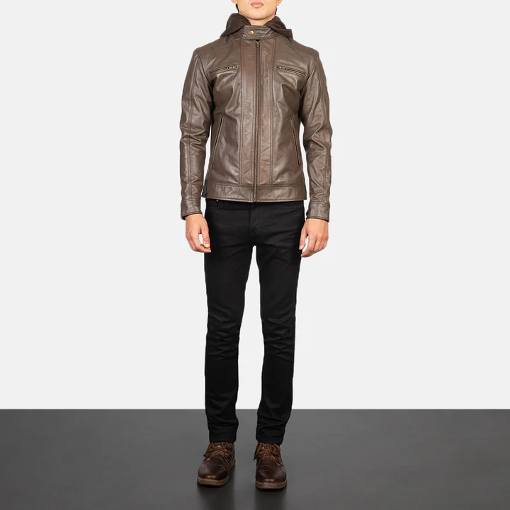 Hector Brown Hooded Leather Biker Jacket - Image 3