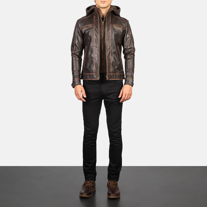 Hector Vintage Brown Hooded Leather Biker Jacket - Image 5