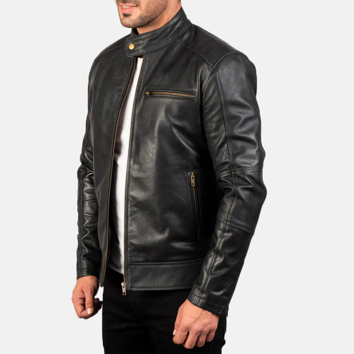 Dean Black Leather Biker Jacket - Image 2