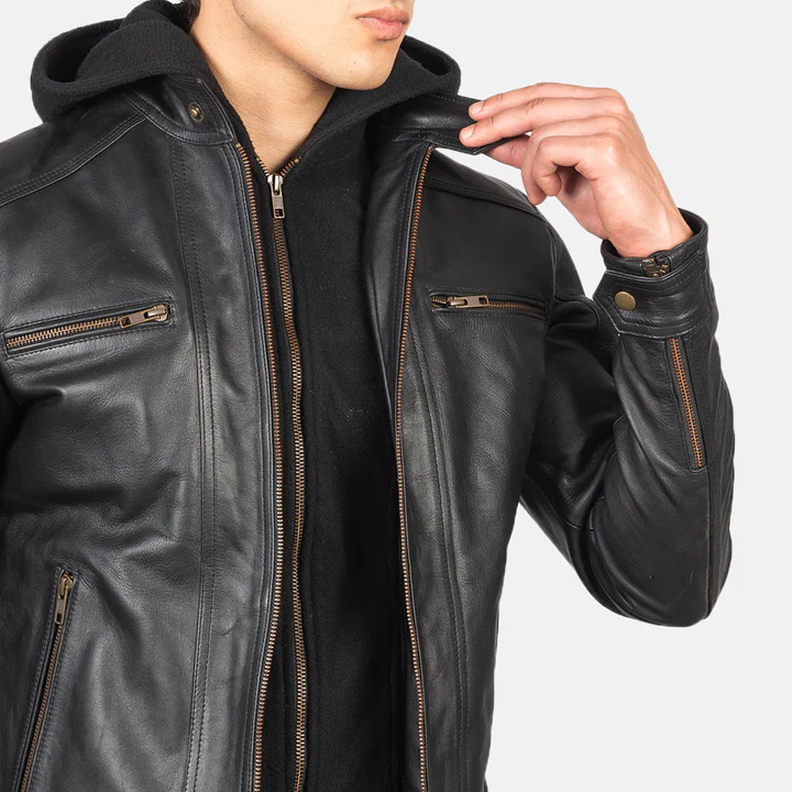 Hector Black Hooded Leather Biker Jacket - Image 5