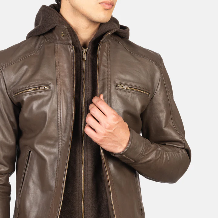 Hector Brown Hooded Leather Biker Jacket - Image 5