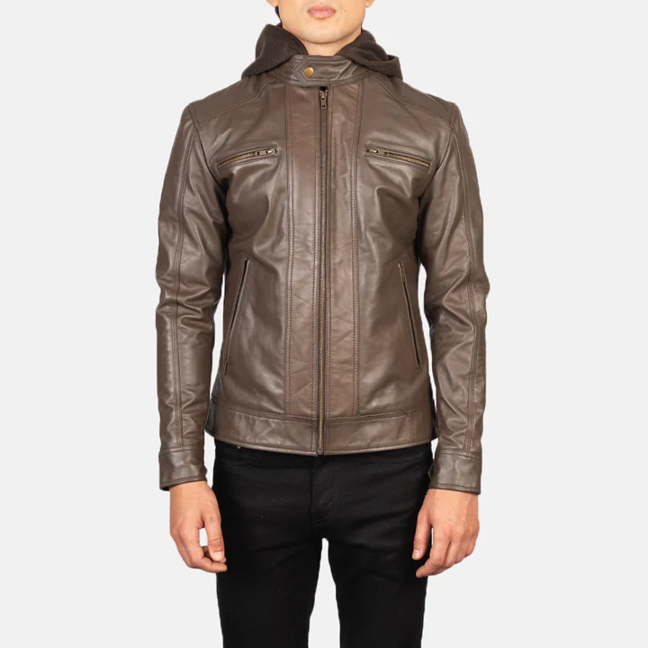 Hector Brown Hooded Leather Biker Jacket - Image 4