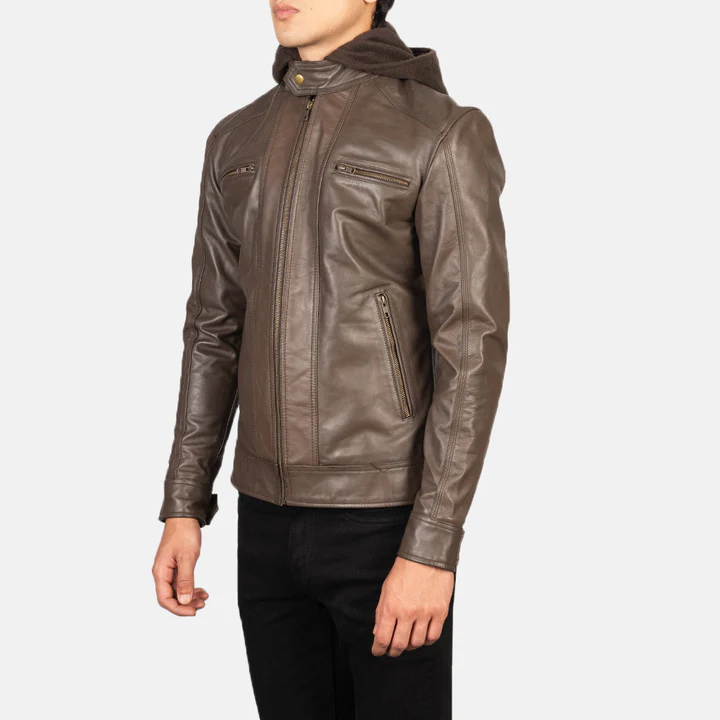 Hector Brown Hooded Leather Biker Jacket - Image 2