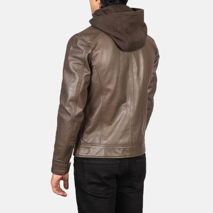 Hector Brown Hooded Leather Biker Jacket - Image 6