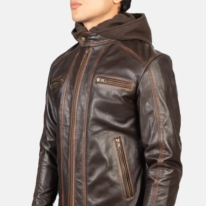 Hector Vintage Brown Hooded Leather Biker Jacket - Image 2