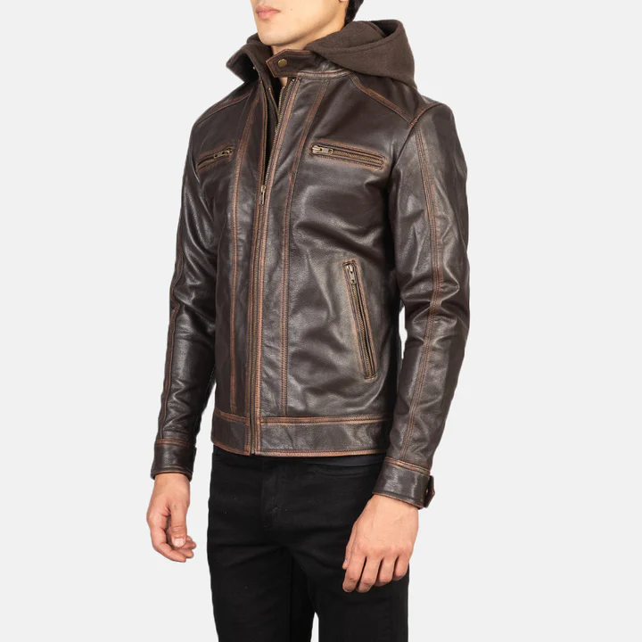 Hector Vintage Brown Hooded Leather Biker Jacket - Image 6