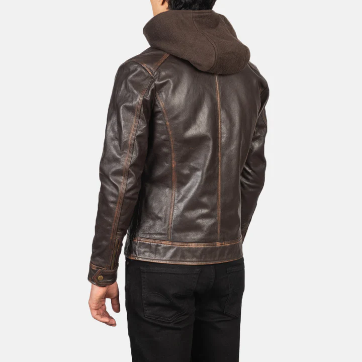 Hector Vintage Brown Hooded Leather Biker Jacket - Image 3