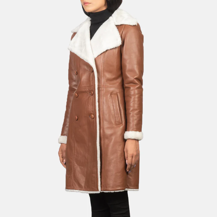 Amie Brown Double Breasted Shearling Coat - Image 6