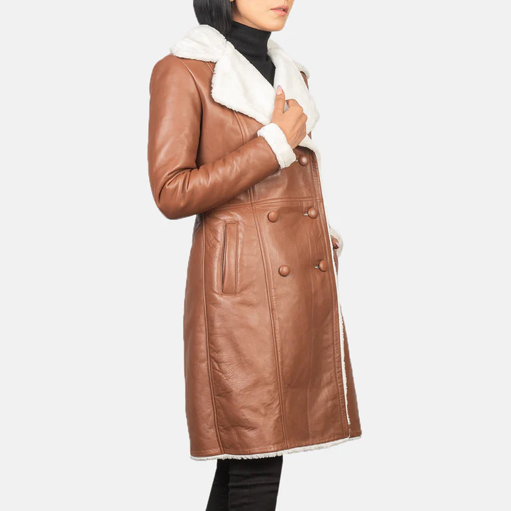 Amie Brown Double Breasted Shearling Coat - Image 5