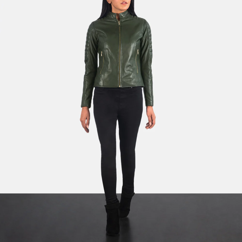 Adalyn Quilted Green Leather Biker Jacket - Image 5
