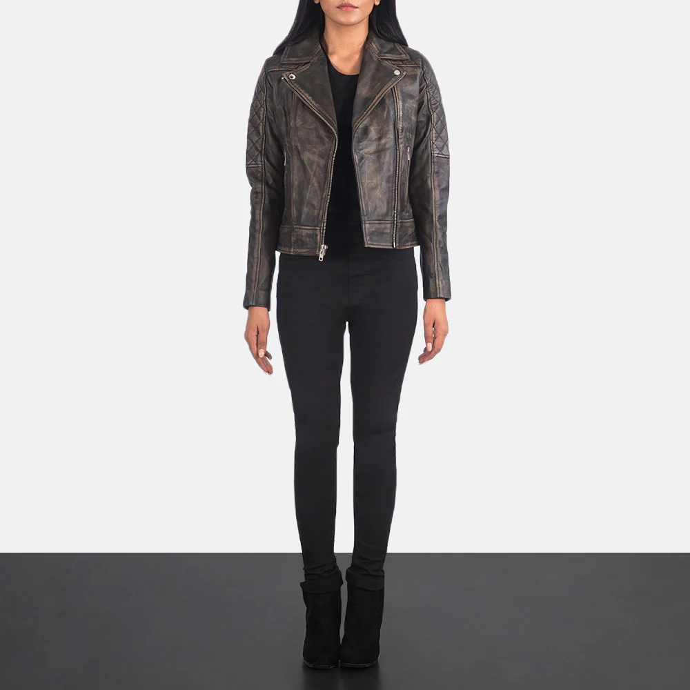 Carolyn Quilted Distressed Brown Biker Jacket - Image 5
