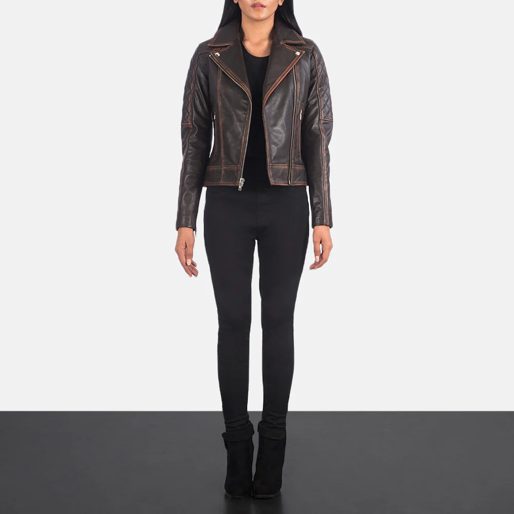 Carolyn Quilted Vintage Brown Biker Jacket - Image 5