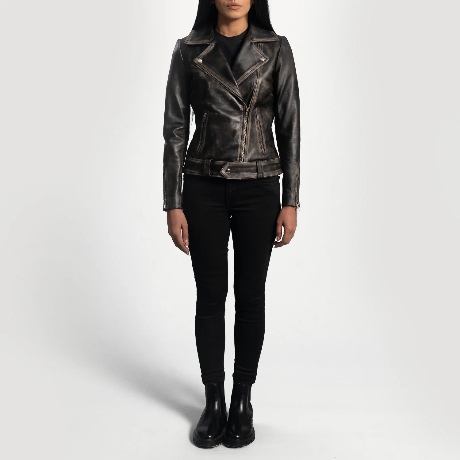 Rumy Distressed Brown Leather Biker Jacket - Image 5