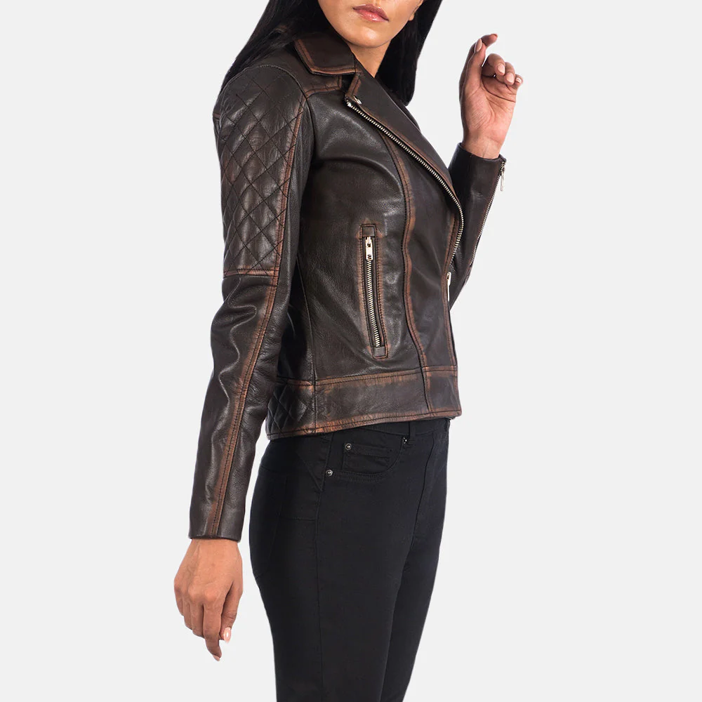 Carolyn Quilted Vintage Brown Biker Jacket - Image 6