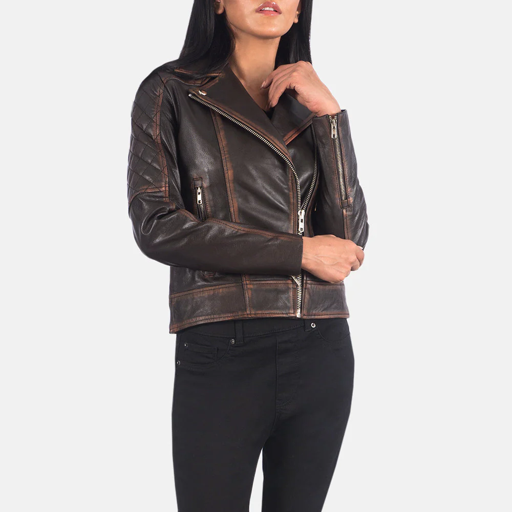 Carolyn Quilted Vintage Brown Biker Jacket - Image 4