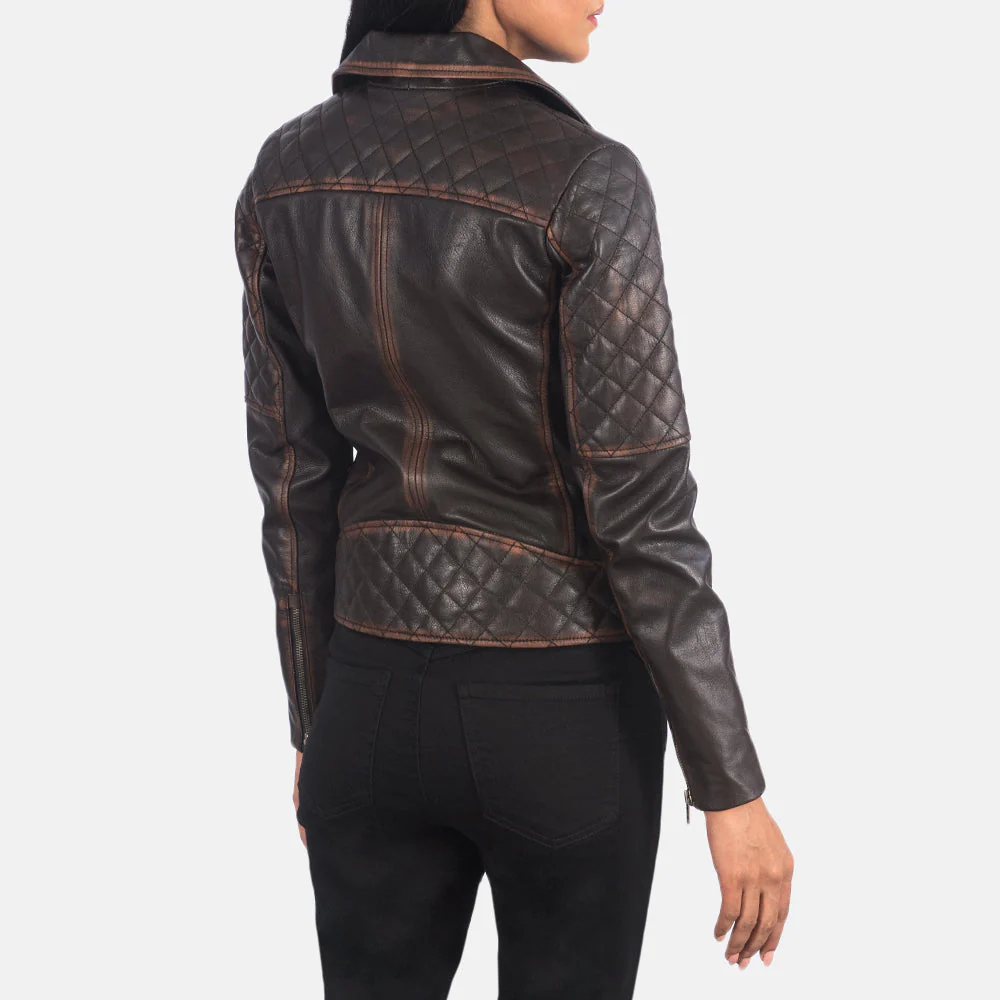 Carolyn Quilted Vintage Brown Biker Jacket - Image 3