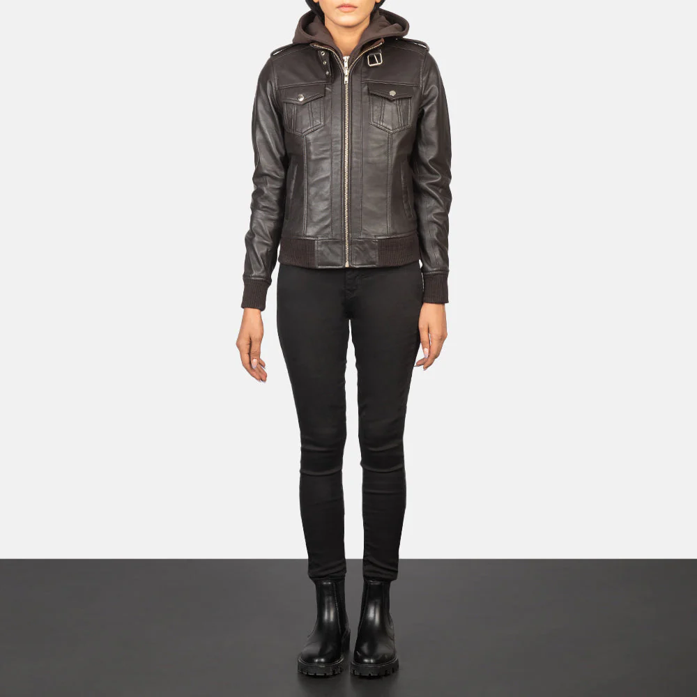 Roslyn Brown Hooded Leather Bomber Jacket - Image 7