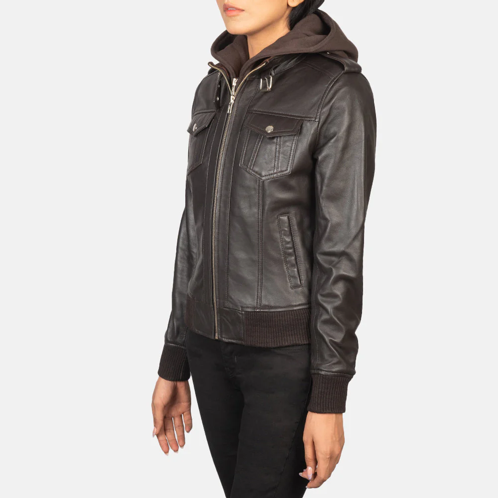 Roslyn Brown Hooded Leather Bomber Jacket - Image 8