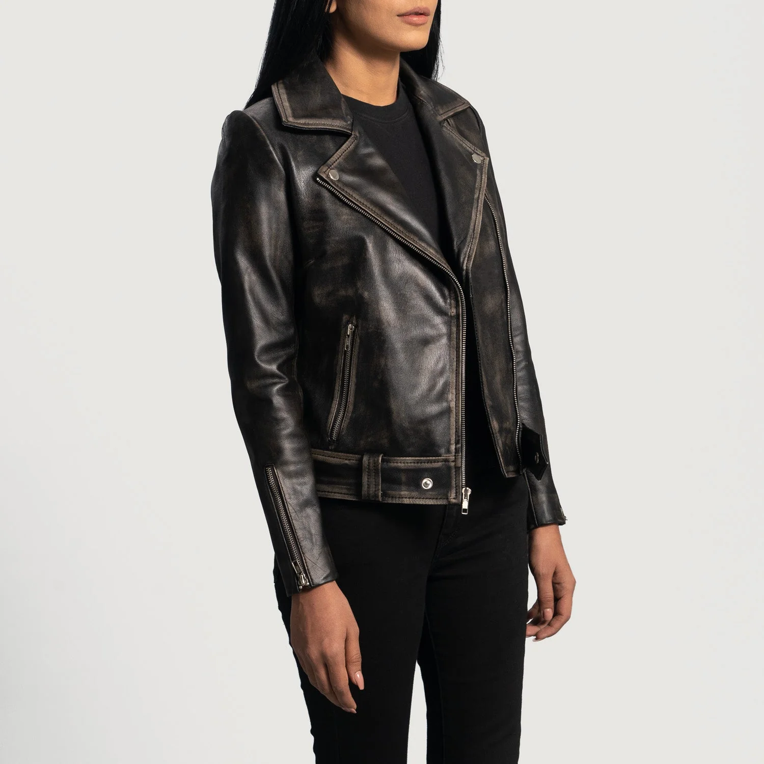 Rumy Distressed Brown Leather Biker Jacket - Image 6